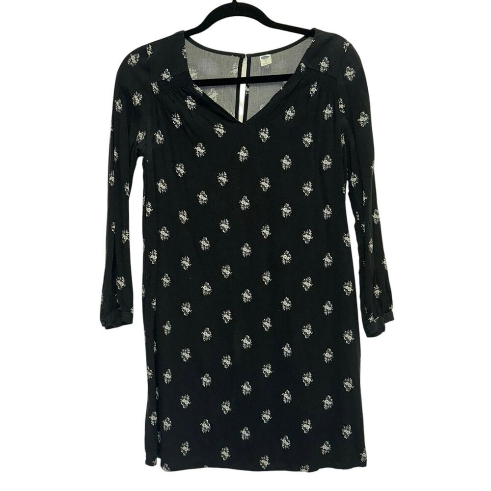 Old Navy Black Printed Dress‎ XS Shift Mini 3/4 Sleeve Keyhole Back